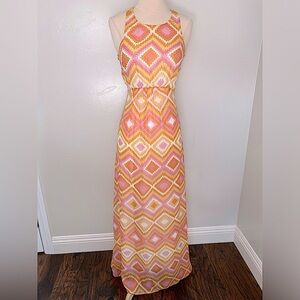 Bar III Coral Reef Pink/Orange Geometric Printed Racerback Maxi Dress
